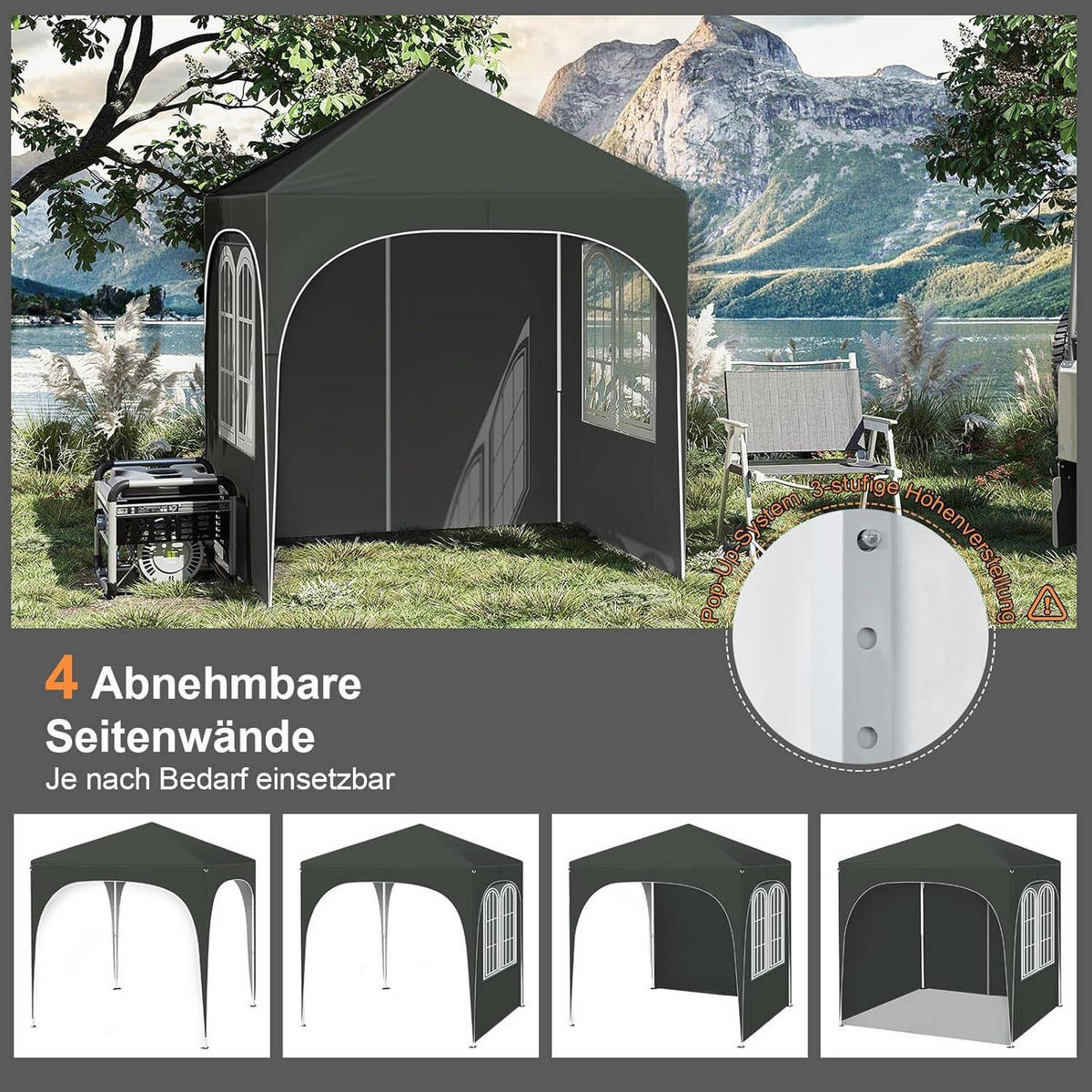 PAVILLON 2x2m mit 4 abnehmbaren Wänden, 3-stufig Höhenverstellbar - Grau, Metall (200/240/200cm) - Woltu