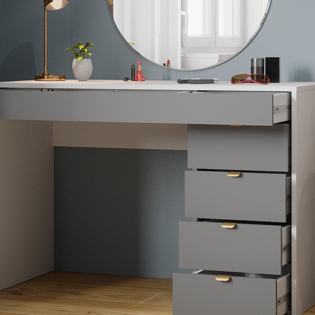 SCHREIBTISCH Elise Weiß/Grau/Grau 115 cm mit 5 Schubladen - Weiß/Grau, Holzwerkstoff (55/115/76cm) - Vicco