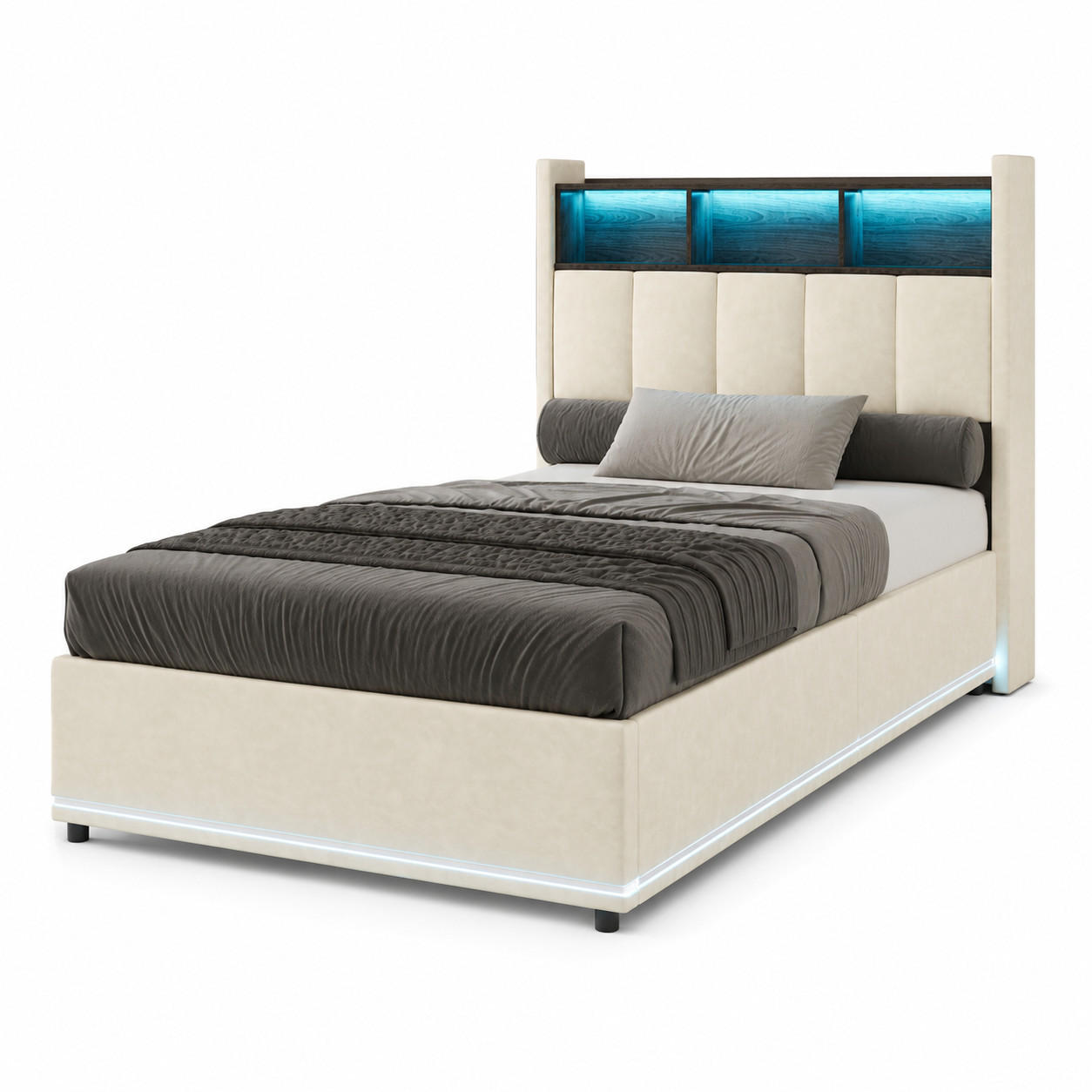 POLSTERBETT 90/200 cm mit Kopfteil-Aufbewahrungsfächern, USB-Ladestation & doppelte LED-Beleuchtung, Stauraum-Polsterbett mit Bettkasten - Beige, Holz/Metall (90/200cm) - Joyfair
