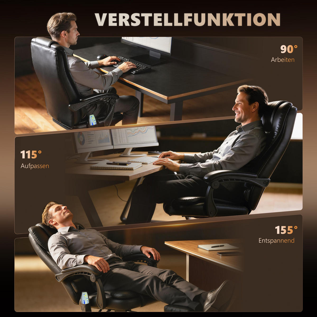 CHEFSESSEL DE-05259 mit 7 Massagepunkte, Fußstütze & höhenverstellbar - Schwarz, Metall (79/121/67cm) - ComfortXL