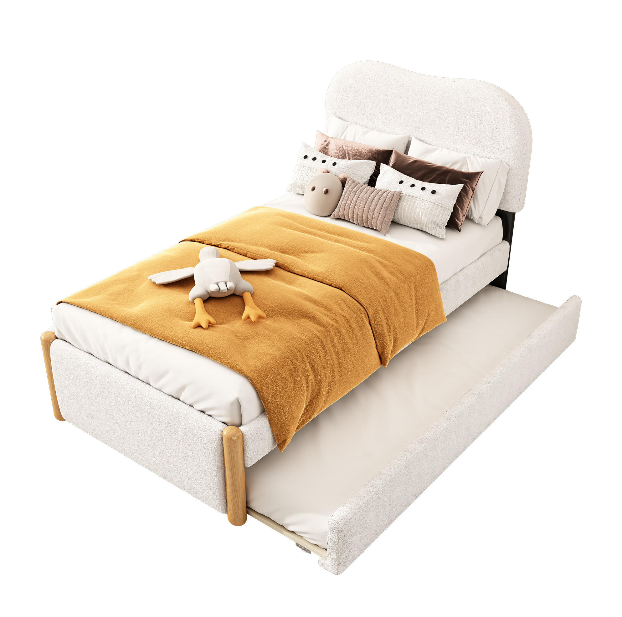 POLSTERBETT 90/200 cm aus Plüsch und MDF mit ausziehbarem Rollbett Weiß - Weiß, Textil (90/200cm) - Modenvie
