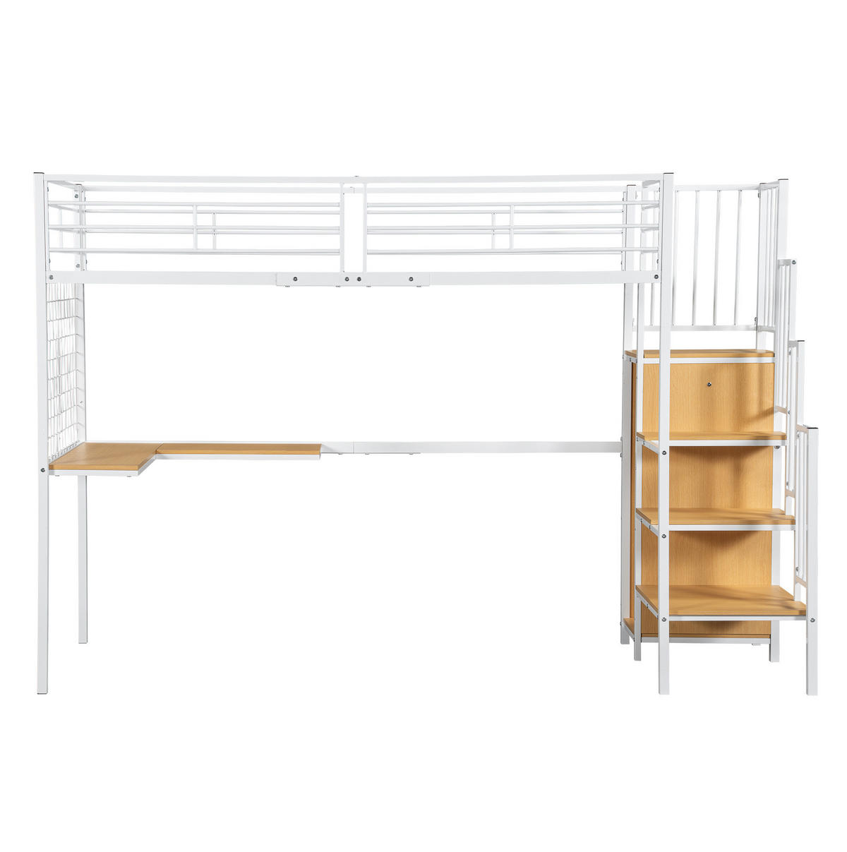 HOCHBETT aus Metall und MDF 90x200 cm Weiß+Natur mit Schreibtisch, Kleiderschrank und seitlicher Treppe - Weiß, Holzwerkstoff (90/200cm) - IVMEU