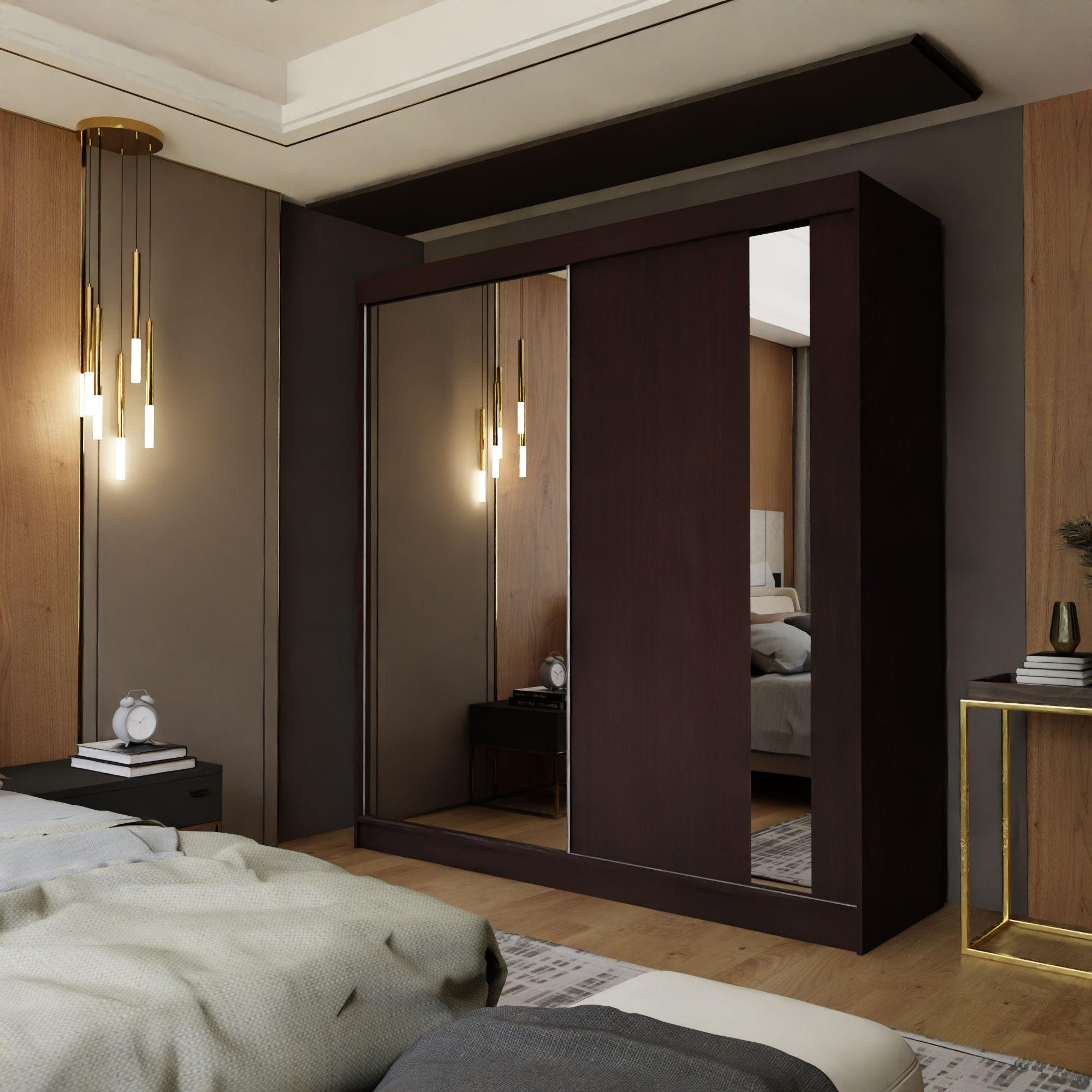 SCHWEBETÜRENSCHRANK GRAZIA 200/216/61 cm 2-türig mit Spiegel Wengefarben - Wengefarben, Holzwerkstoff (200/216/61cm) - MASSENO