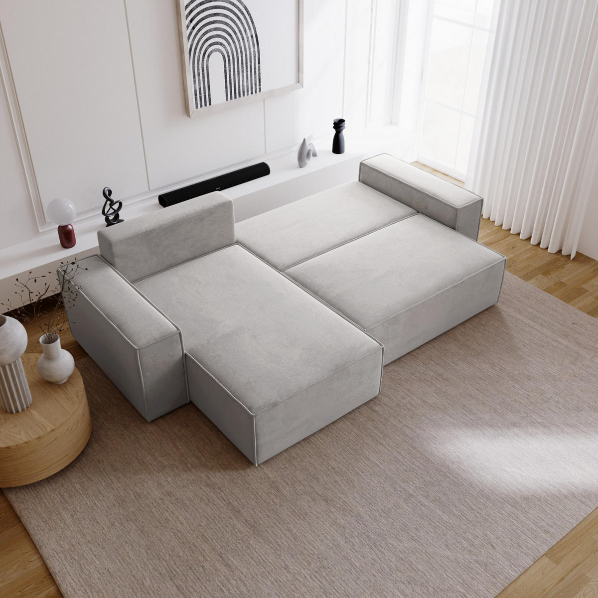 ECKSOFA mit Schlaffunktion Bergamo L 280 cm, Samt, Links - Hellgrau - Hellgrau, Holz (277/189cm) - Emporius