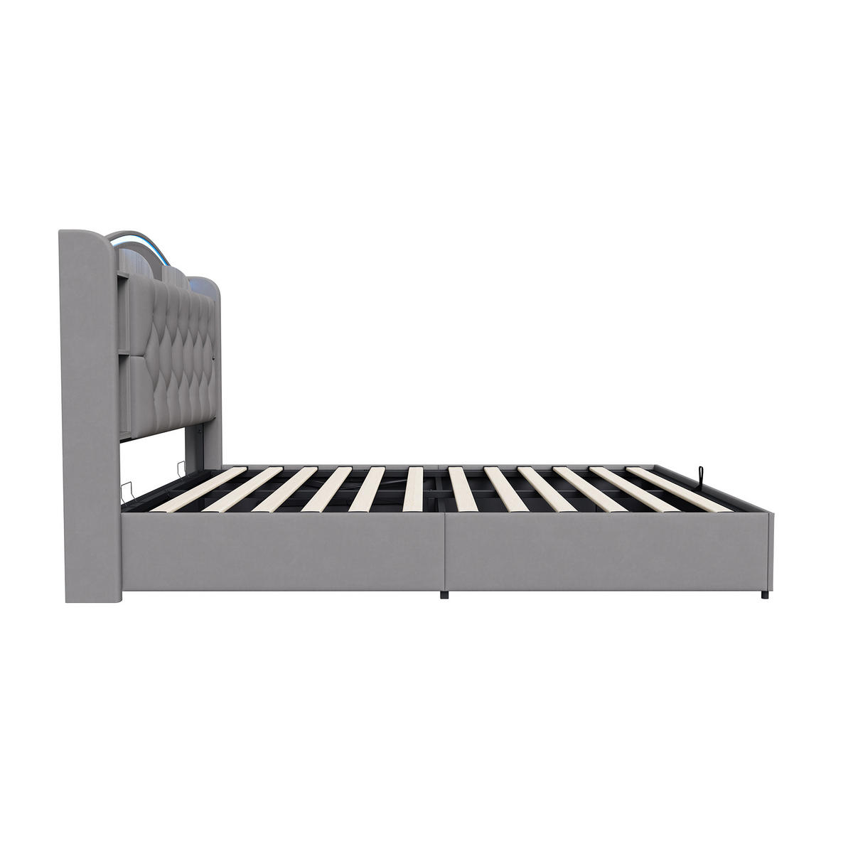 POLSTERBETT 140x190cm grau Samt, Gas-Stauraum, LED, USB - Grau, Holz