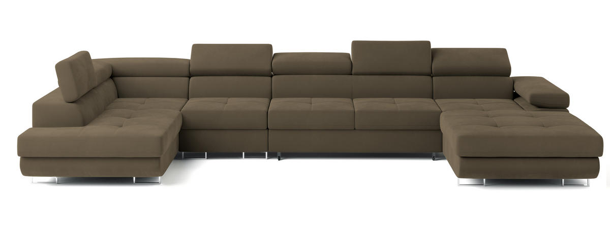 WOHNLANDSCHAFT VELORA L-S Beige Velours-Stoff mit Schlaffunktion - Beige, Holz (419/90/202cm) - MASSENO