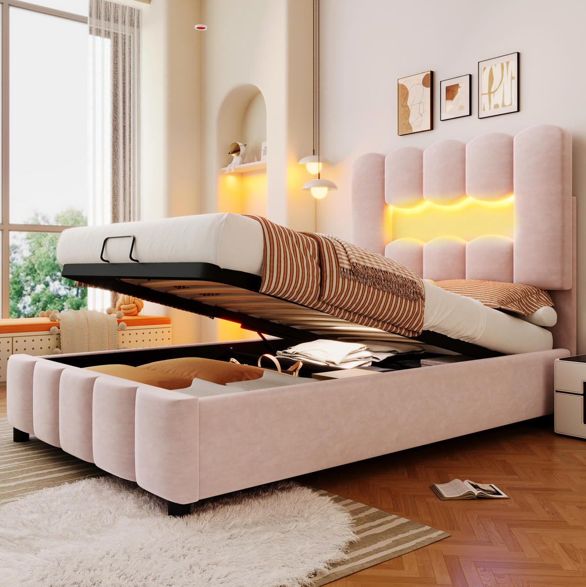 POLSTERBETT aus Samt 90x200 cm Rosa mit hydraulischem Stauraum, LED-Beleuchtung und verstellbarem Kopfteil - Rosa, Textil (90/200cm) - IVMEU