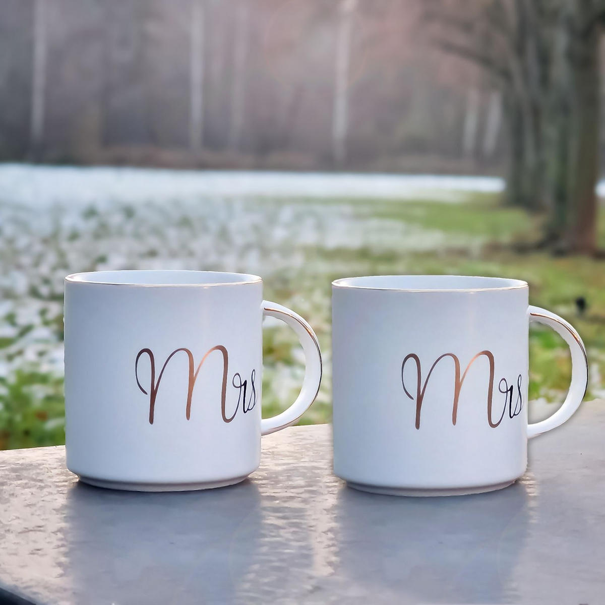 KAFFEETASSE mit Goldrand und Aufschrift Mrs & Mr 300 ml (2-tlg.) - Weiß, Keramik (0.3L) - Intirilife