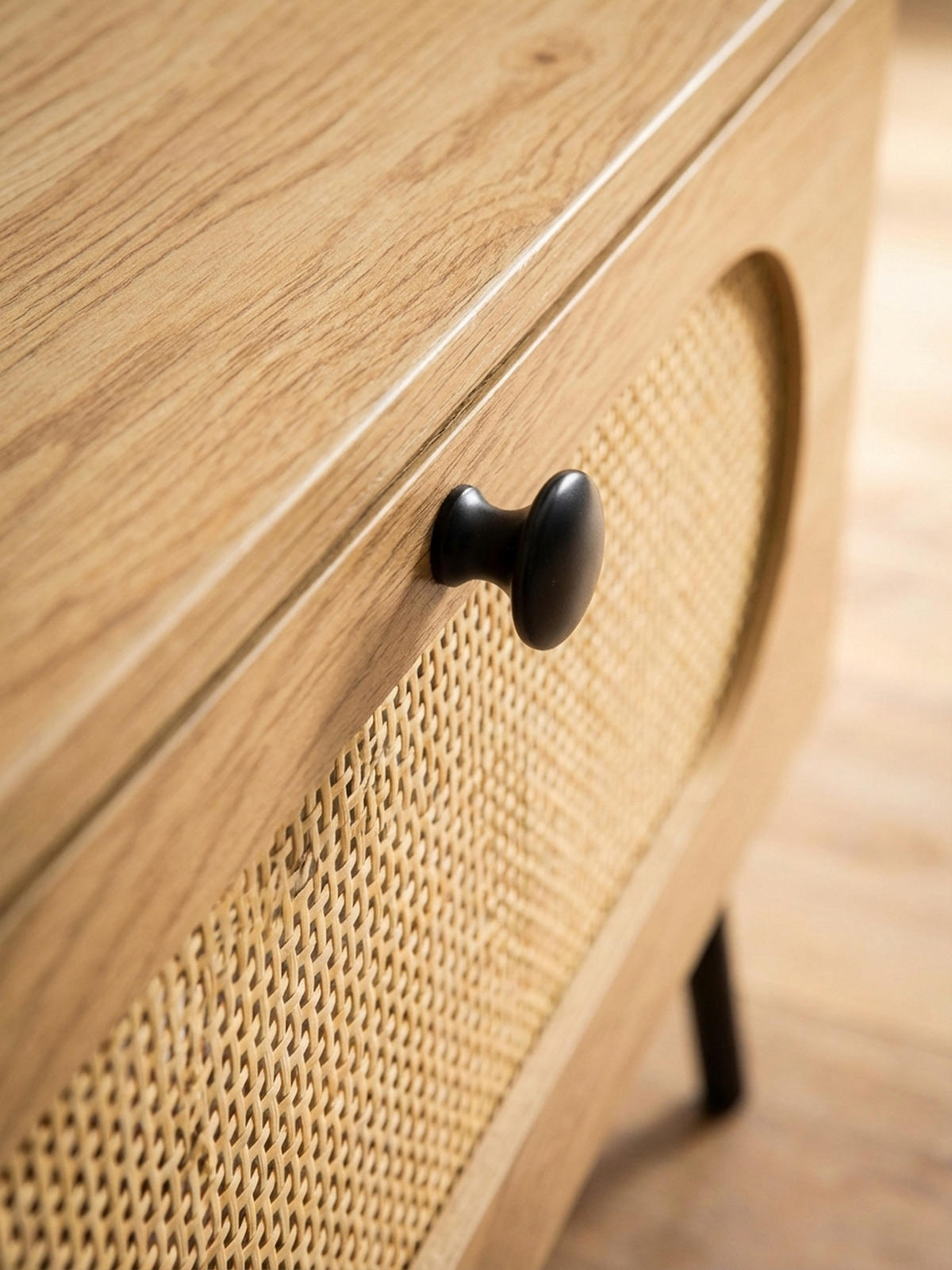 LOWBOARD Eiche-Dekor Rattan Modern Stil 100x45x40 cm mit Schubladen - Schwarz/Braun, Holzwerkstoff/Metall (100/45/40cm) - KADIMA DESIGN