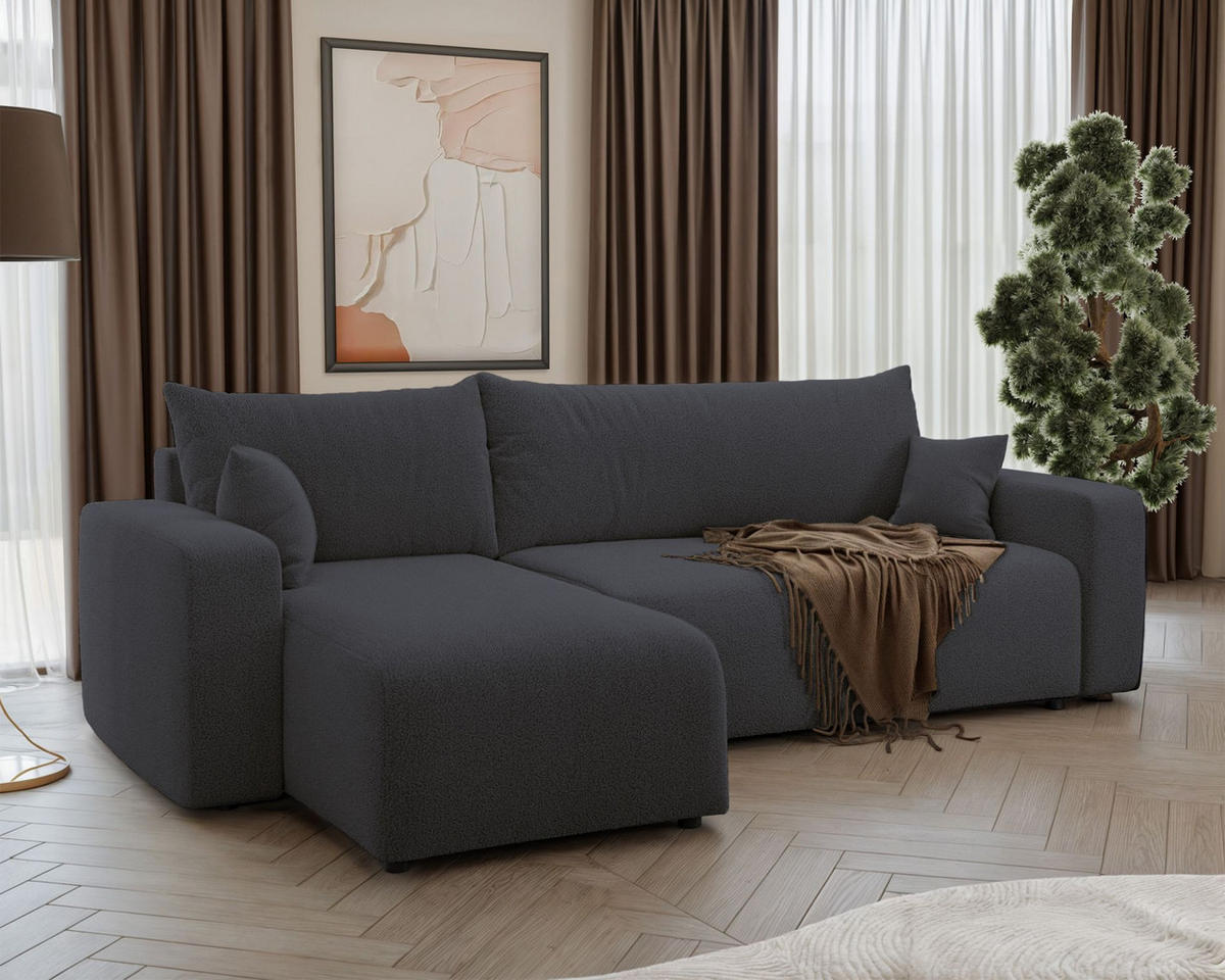 ECKSOFA Pianoni Dunkelgrau Bouclé-Bezug - Dunkelgrau/Schwarz, Kunststoff/Textil (244/140cm) - Selsey