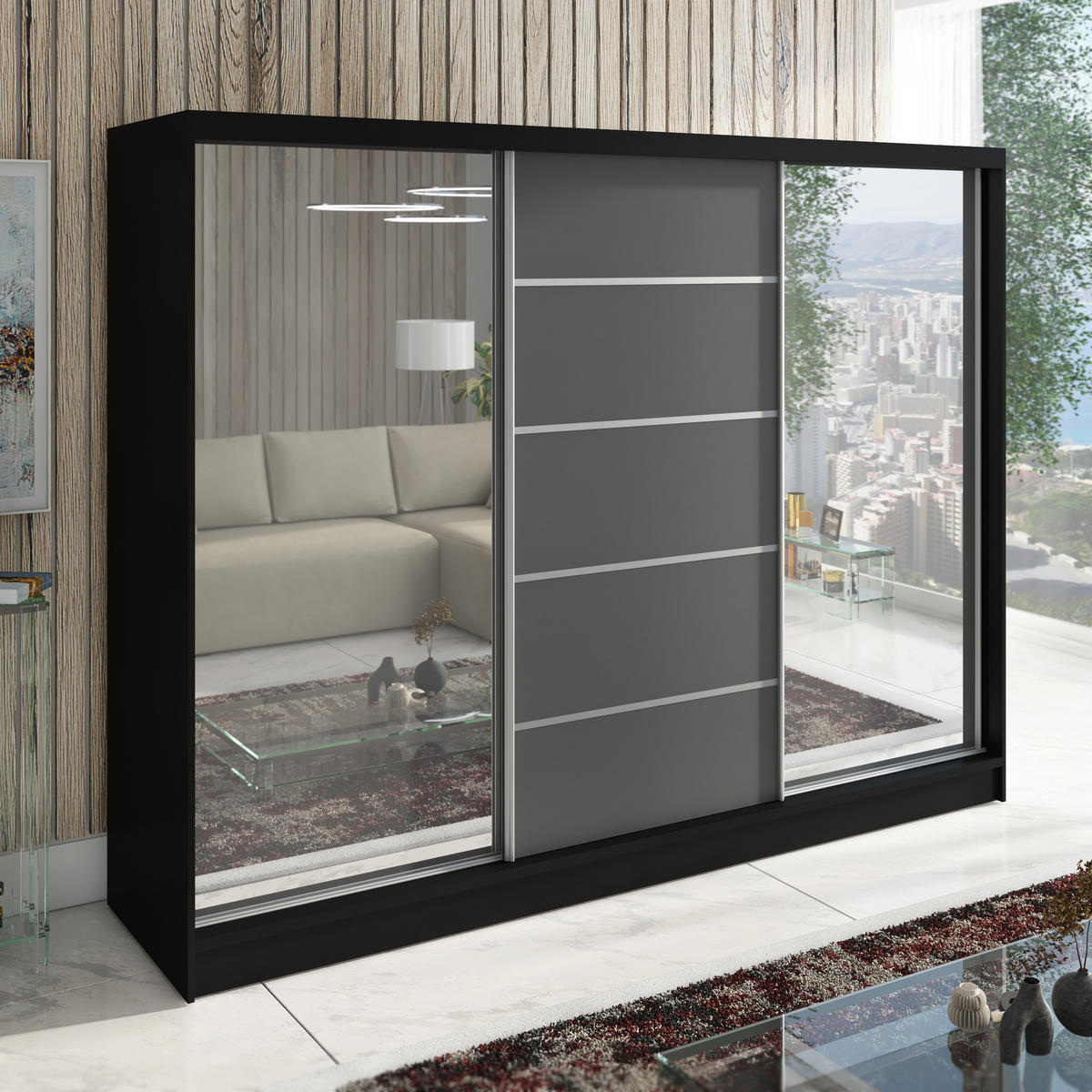 SCHWEBETÜRENSCHRANK 200 CM TOP Farbe: Schwarz, Graphit - Schwarz/Graphitfarben, Holzwerkstoff (200/215/60cm) - A&J MöbelLand