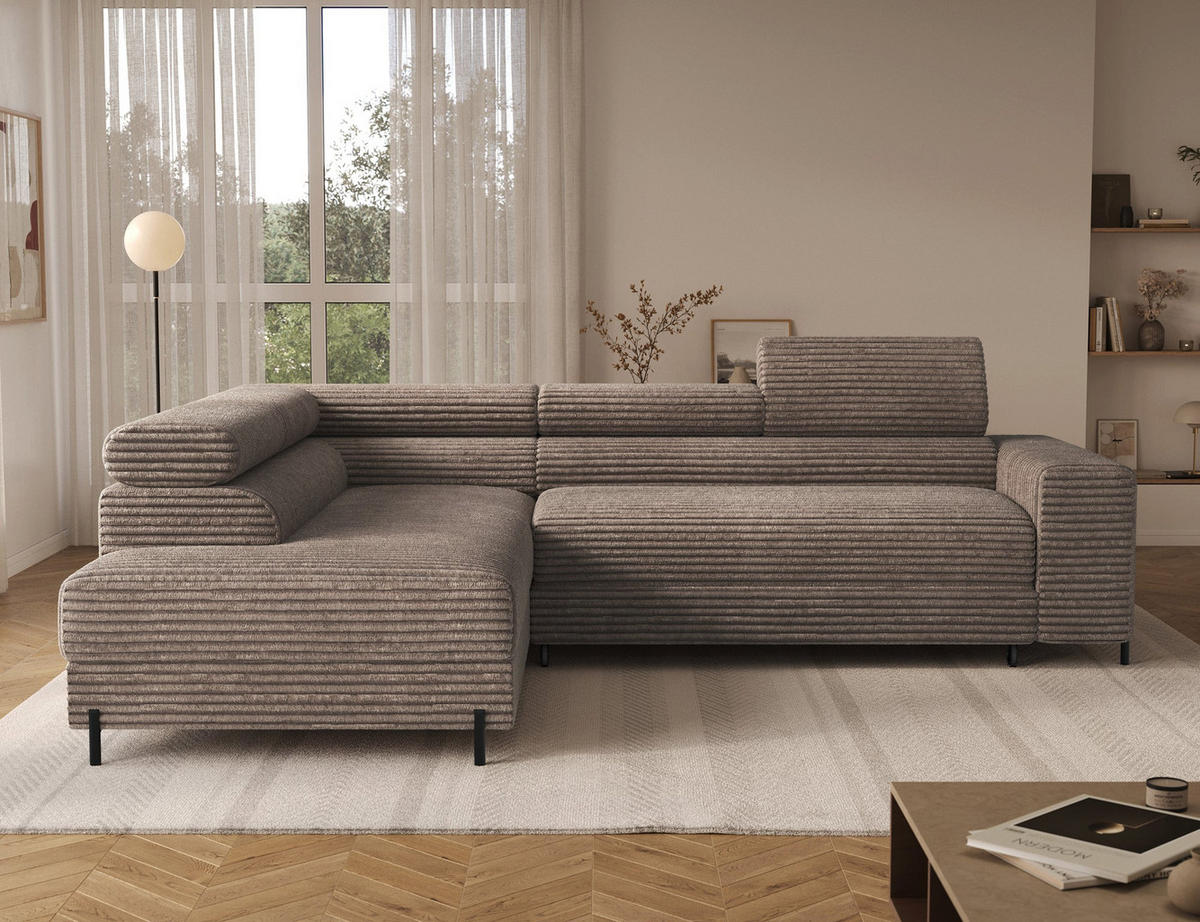 ECKSOFA COLESIO L-Form, Schlaffunktion, Bettkasten, verstellbare Kopfstützen, Wellenfederung, Metallfüße, breiter Cordstoff - Beige/Schwarz, Kunststoff/Metall (269/204cm) - Wohnideebilder