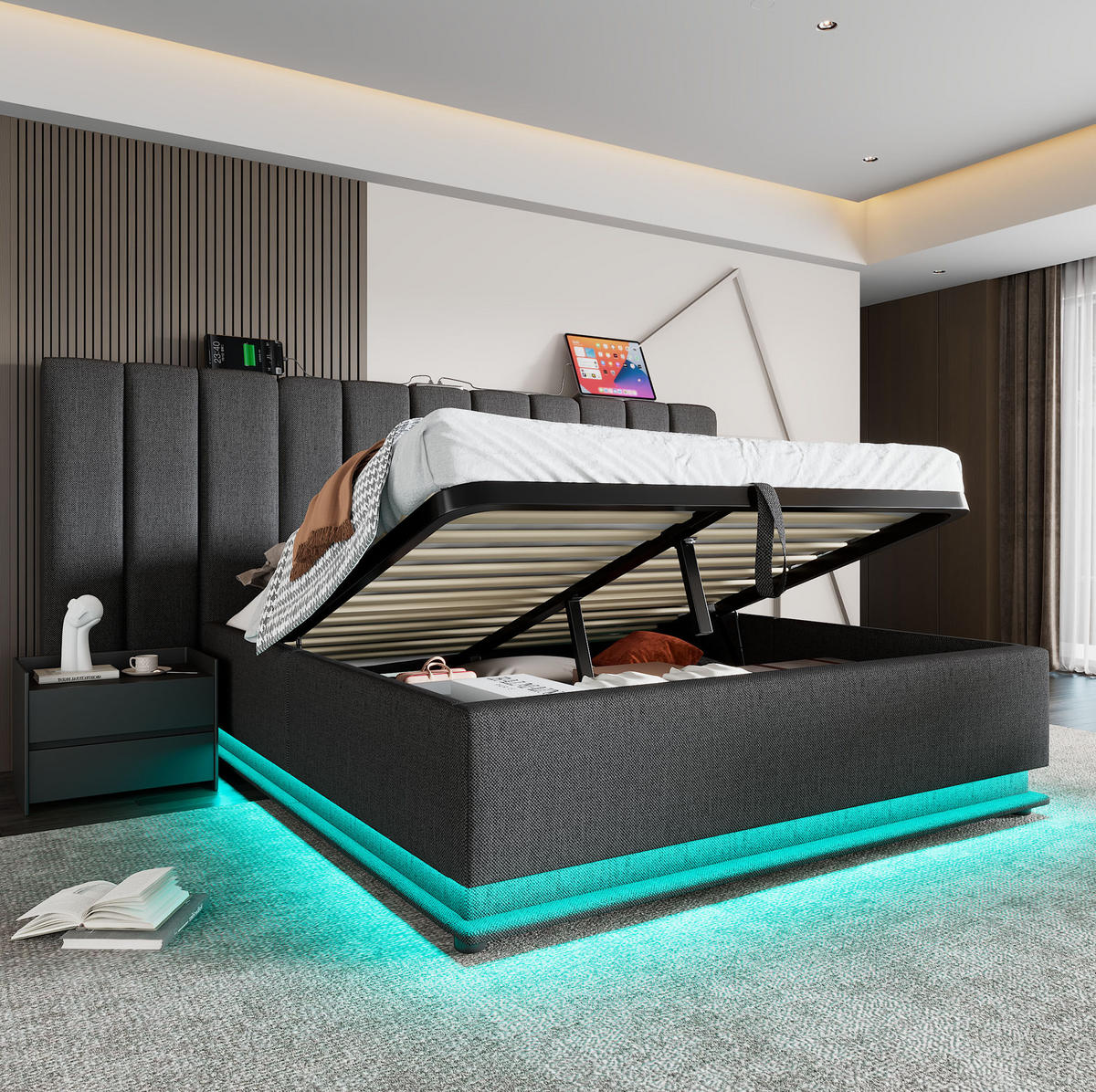 TAPECIRANI krevet 180/200 cm sivi od lana s LED rasvjetom, USB-C punjenjem i spremištem - siva, tekstil (180/200cm) - OKWISH