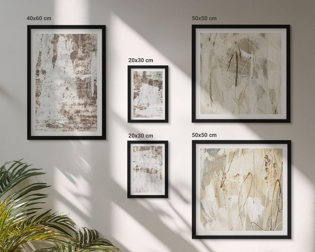 WANDBILDER 5er-Set - 50x50 cm & 20x30 cm & 40x60 cm Schwarzer Rahmen - Abstrakte Muster, weiß, braun - Schwarz, Kunststoff (40/60cm) - ArtPrintCave