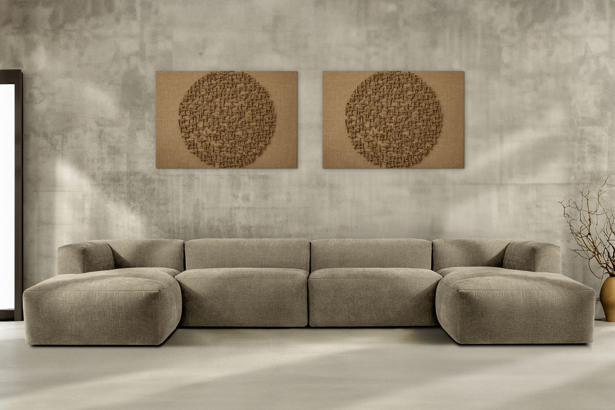 PANORAMA-ECKSOFA BUFFO 7/8 Sitzer mit extrem weicher Sitzfläche, Gewebestoff, sandfarben - Sandfarben, Textil (424/73/180cm) - KONSIMO®
