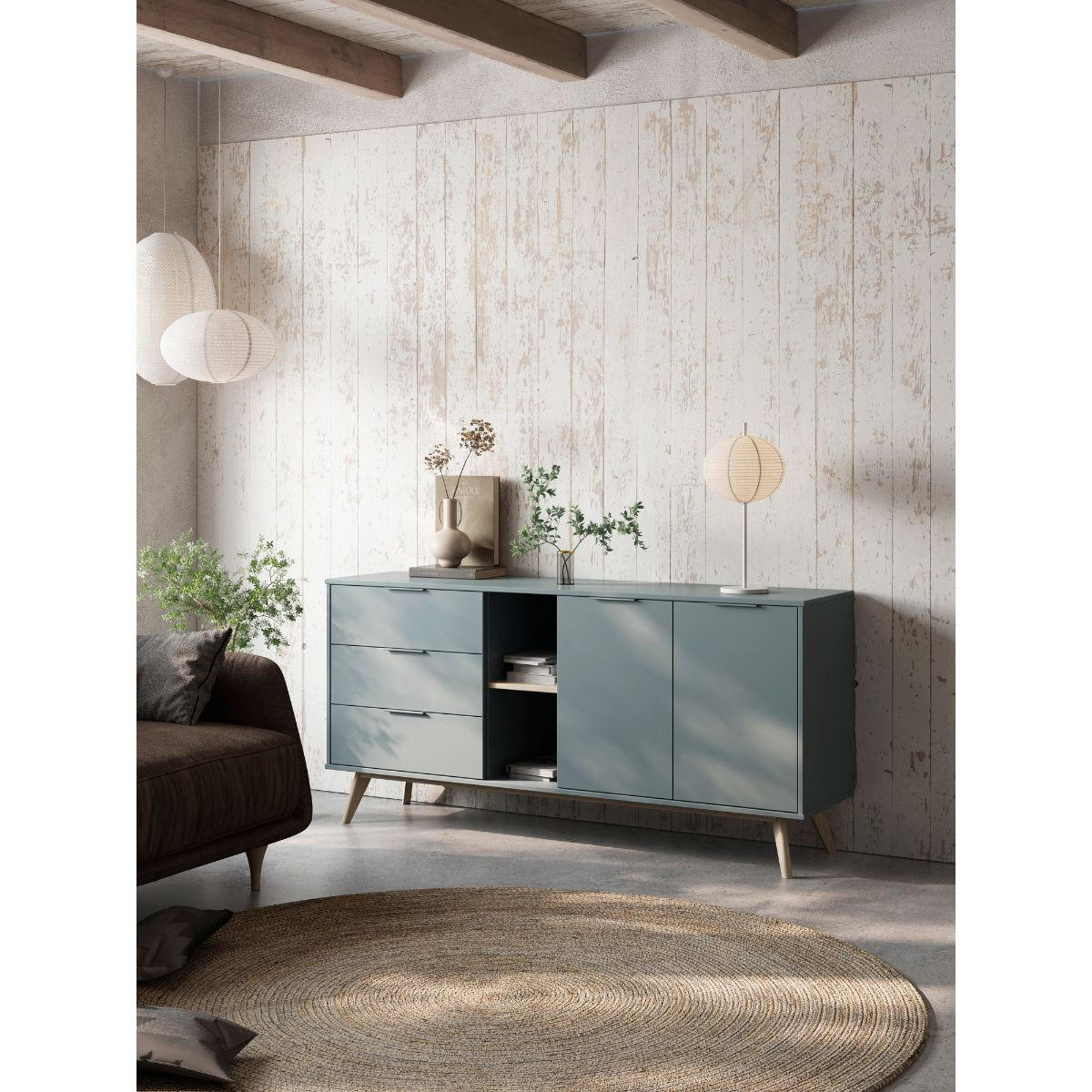 SIDEBOARD 2 Türen 2 Nischen 3 Schubladen L165 cm - Pisco - Grün, Holz (40/81/165cm) - Calicosy