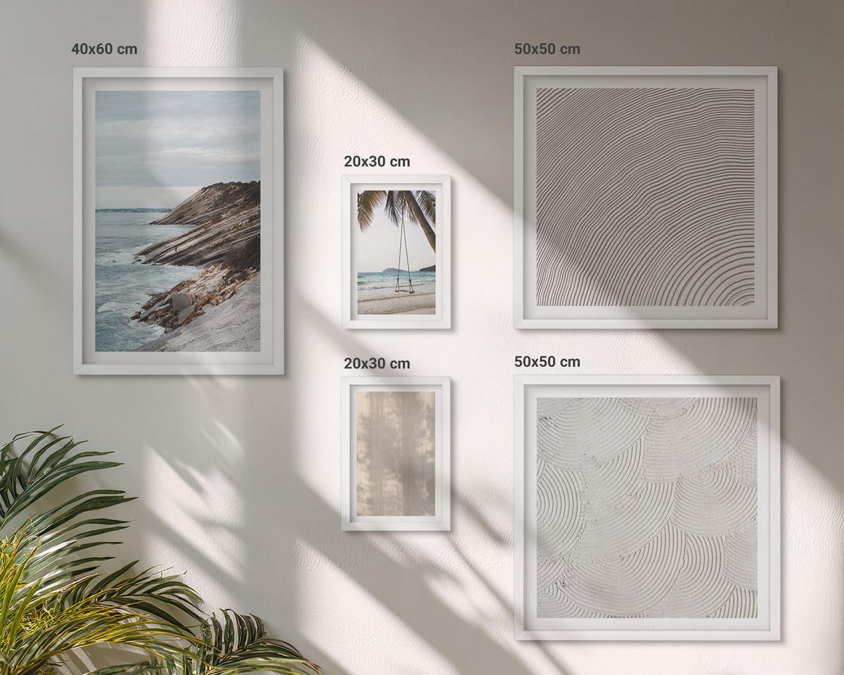 BILDER SET 5er Set - 50x50 cm & 20x30 cm & 40x60 cm Weißer Rahmen - Sommerlicher Sandstrand mit Meerblick - Weiß, Kunststoff (40/60cm) - TULUP