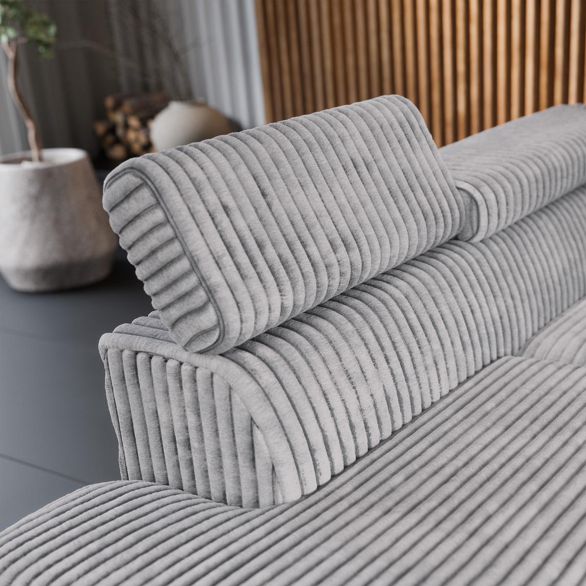 ECKSOFA VELISS Hellgrau Kordstoff mit Schlaffunktion - Grau, Holz (255/193cm) - MASSENO