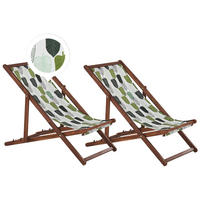 GARTENLIEGE 2er-Set dunkelbraun Textil grün/weiß Blättermotiv Anzio - Dunkelbraun/Weiß, Textil (54/70/97cm) - Beliani