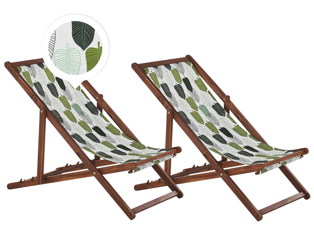 GARTENLIEGE 2er-Set dunkelbraun Textil grün/weiß Blättermotiv Anzio - Dunkelbraun/Weiß, Textil (54/70/97cm) - Beliani