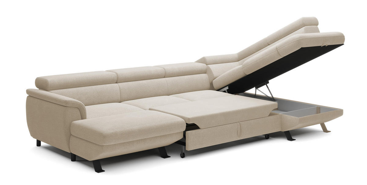 ECKSCHLAFSOFA Raven XL, Verstellbaren Kopfstützen, Bettkasten, Großes Sofa 334x198x162cm Rechte, Perle - Perlmutt, Holz/Textil (334/198cm) - DomoHome
