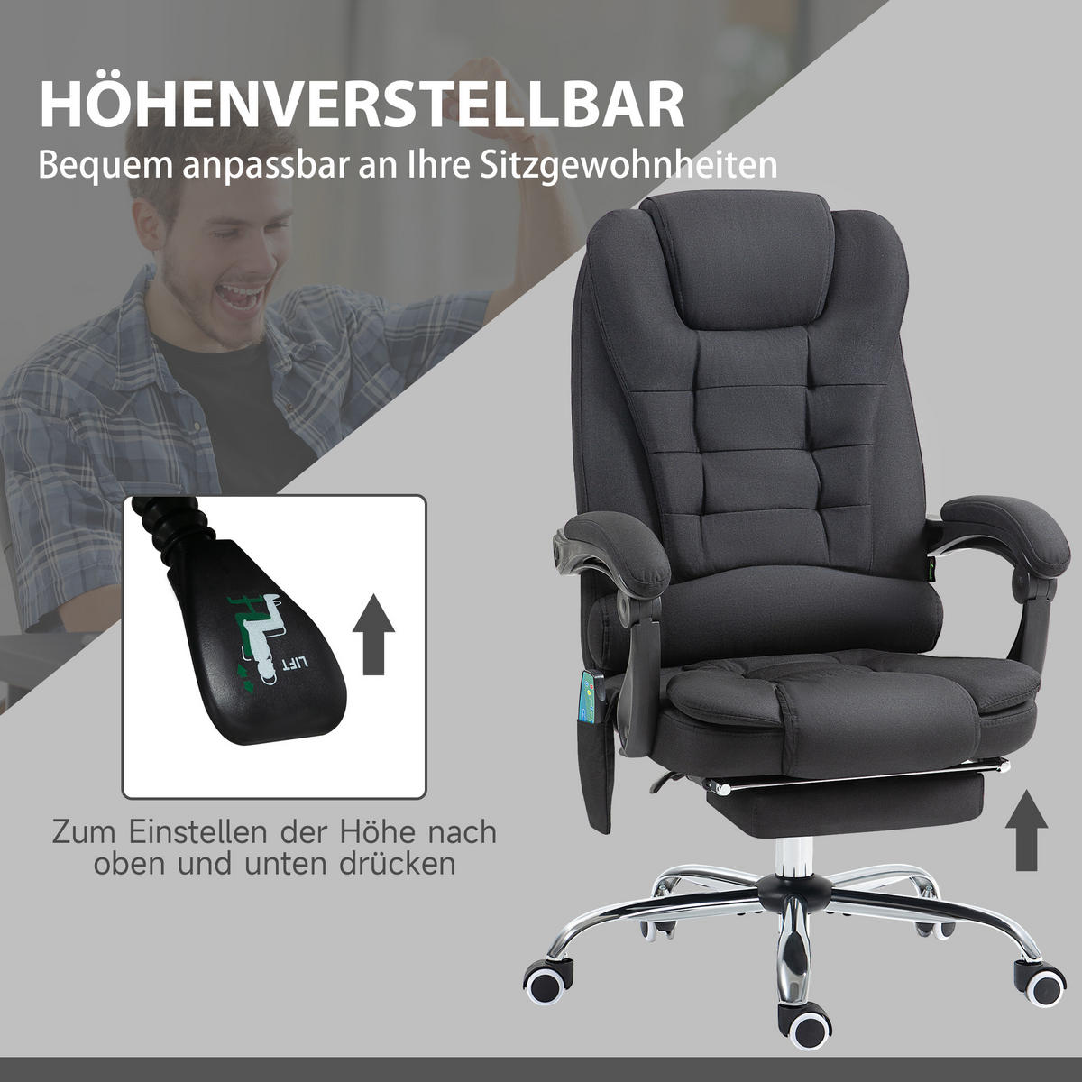 BÜROSTUHL mit Massagefunktion, Schreibtischstuhl mit Liege- & Wärmefunktion - Silberfarben/Schwarz, Kunststoff/Textil (70/119/65cm) - Vinsetto