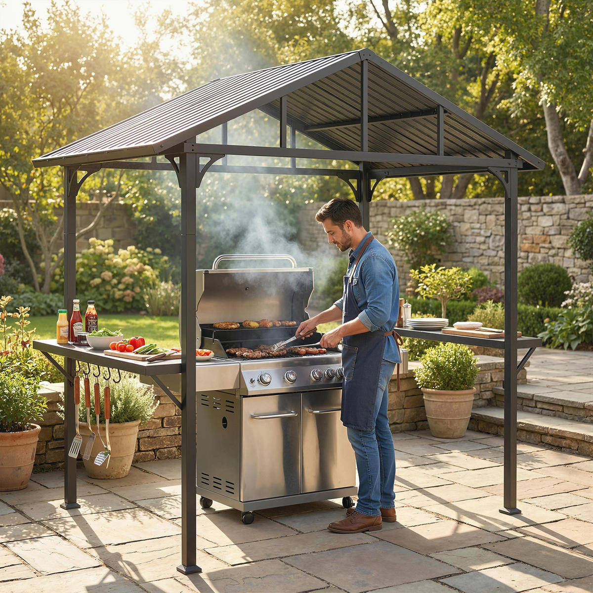 GRILLPAVILLON mit Ablage und Haken Dunkelgrau - Schwarz, Metall (156/248/252cm) - Outsunny