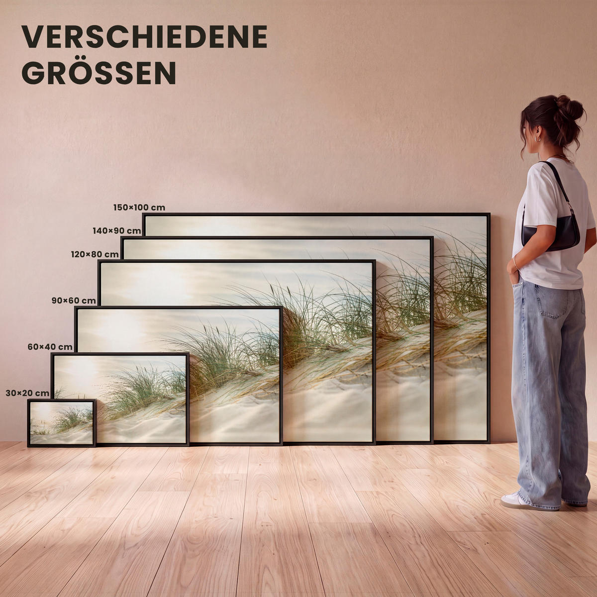 LEINWAND Bilder mit Rahmen - Dünen mit Strandhafer in der Sonne des Nationalparks Schleswig-Holsteinisches Wattenmeer - 150x100 - Creme, Textil (150/100cm) - MuchoWow