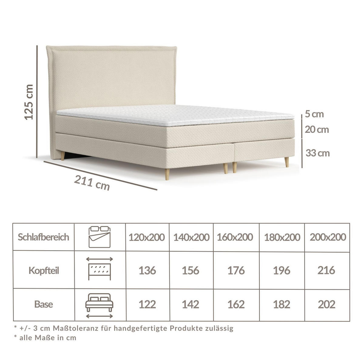 KONTINENTALBETT Calma Beige 120/200 cm mit Matratze und Topper - Beige/Naturfarben, Holz/Holzwerkstoff (120/200cm) - Maison de Reve