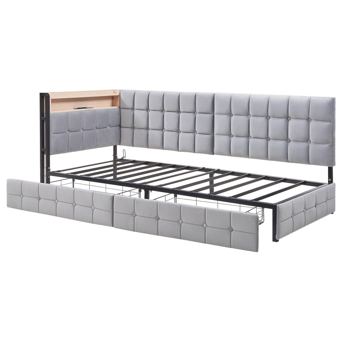 POLSTERBETT mit LED-Beleuchtung 90/200 cm mit 2 Schubladen und gepolstertem Kopfteil - Grau, Textil (90/200cm) - BEAOK