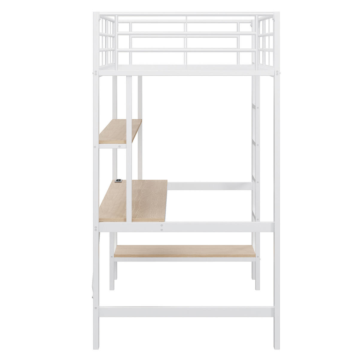 HOCHBETT 90/200 cm mit Geländer USB und LED-Beleuchtung, Schreibtisch und Regalen - Weiß, Metall (90/200cm) - OKWISH