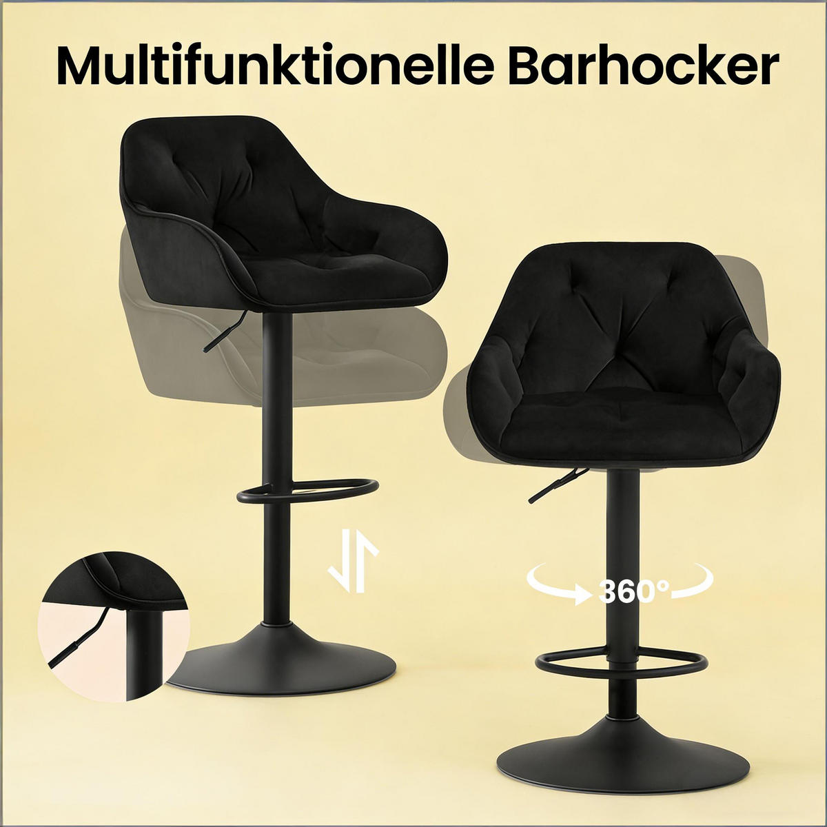 BARHOCKER 2er-Set Schwarz aus Samt höhenverstellbar & drehbar - Schwarz, Metall (37.5/108.5/37cm) - PANGIVO