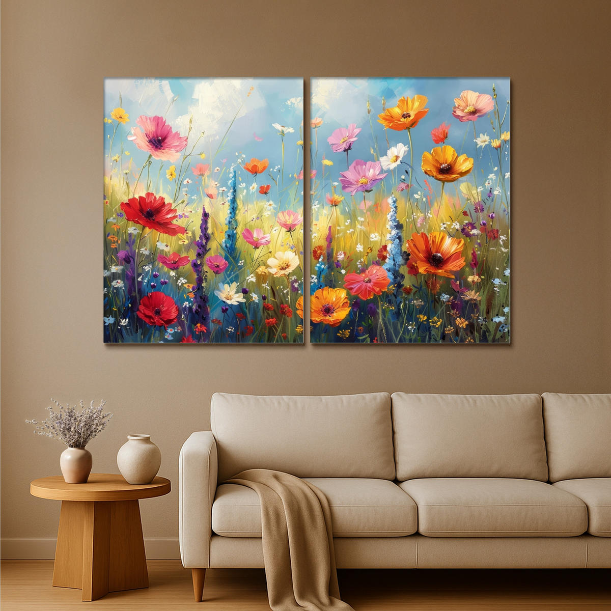 LEINWANDBILD 2er Set Blumen - Frühling - Farbenfroh - Sommerlich 180x120 cm - Orange, Textil (180/120cm) - MuchoWow