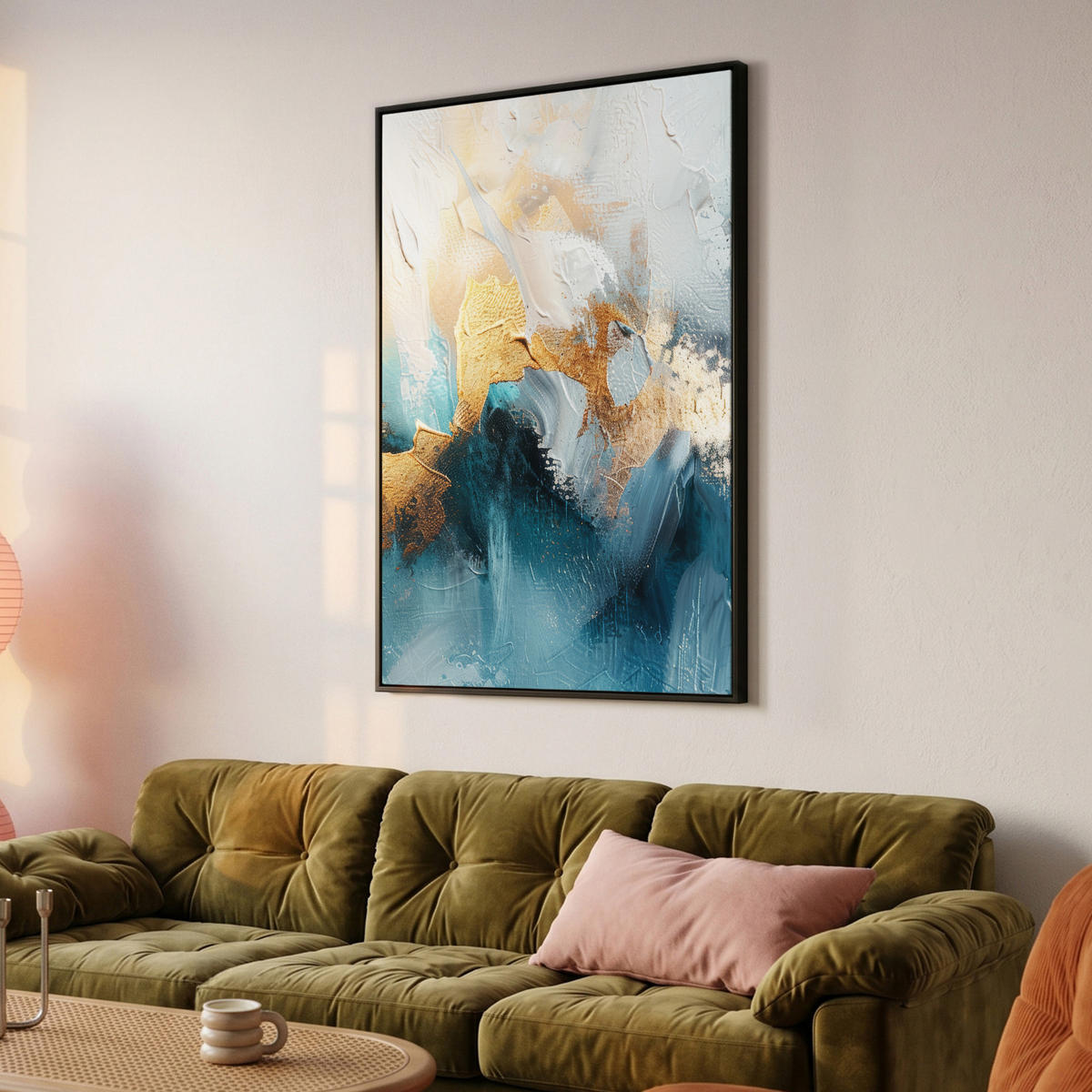 LEINWAND Bilder mit Rahmen - Abstrakt - Kunst - Gold - Blau - 80x120 - Petrol, Textil (80/120cm) - MuchoWow