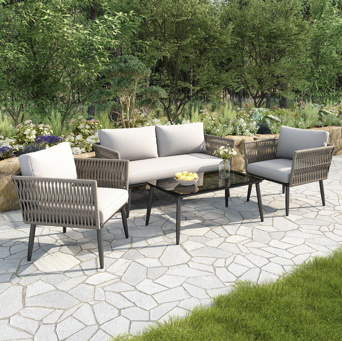 GARTENLOUNGE-SET 99/54/42 cm grau aus Polyester mit Glastisch und PE-Seilgeflecht - Grau, Textil - OKWISH