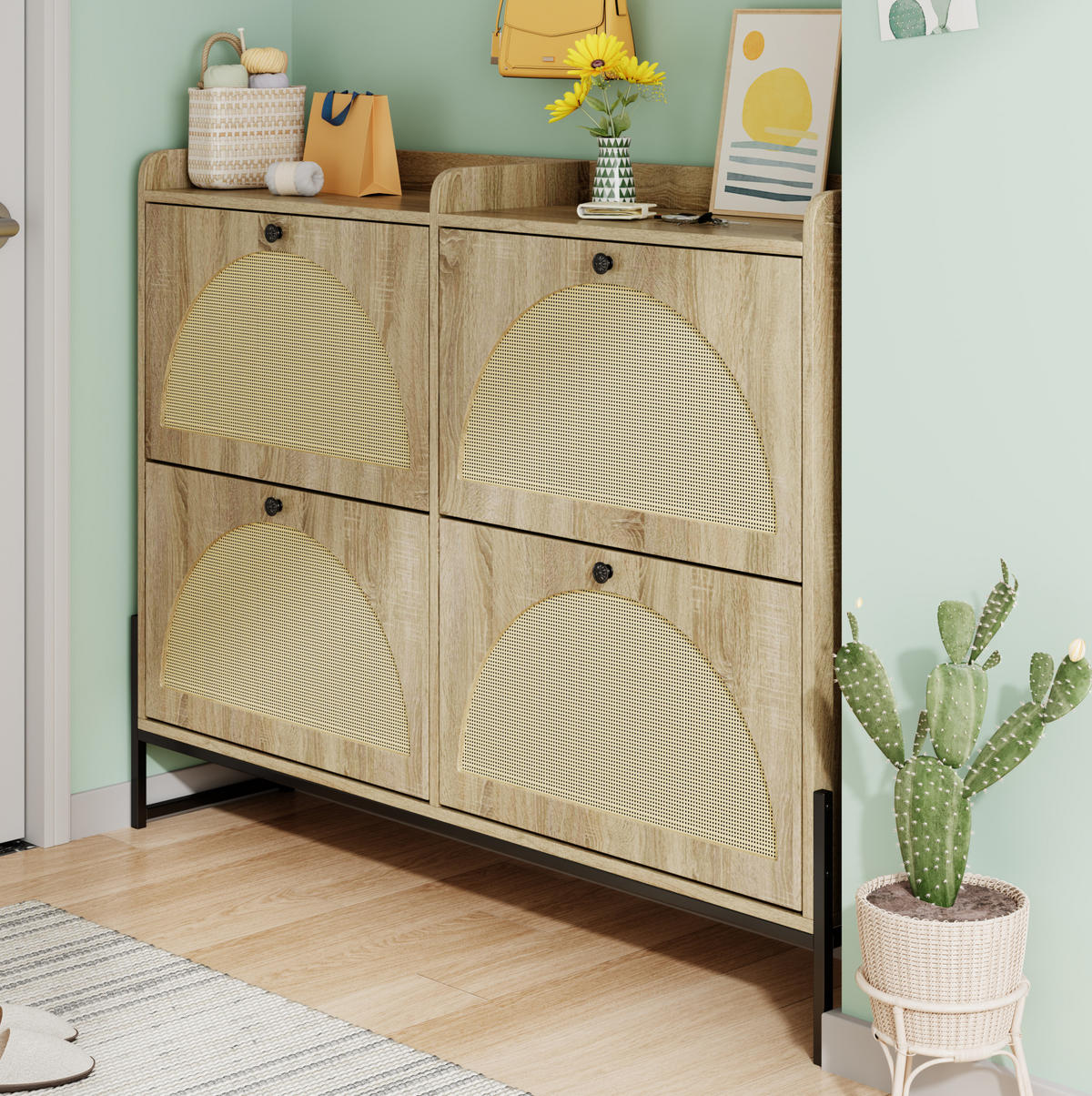 SCHUHSCHRANK mit 4 Klappen 118/25/91,5 cm in Naturfarbe, schmal und platzsparend - Naturfarben, Holzwerkstoff (118/91.5/25cm) - BEAOK