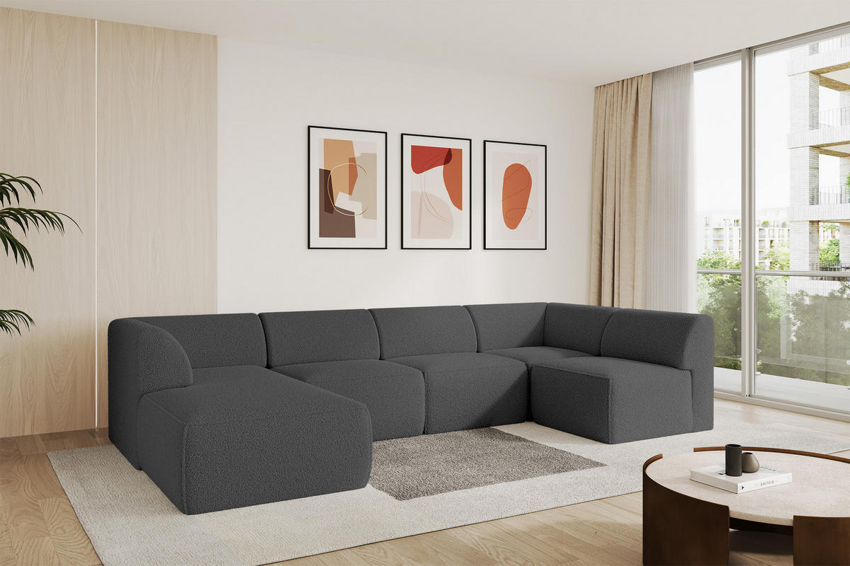 WOHNLANDSCHAFT Ottomane Links MOVO-L 345x180x78 cm Grau Bouclé - Chromfarben, Holzwerkstoff/Kunststoff (345/78/180cm) - ALTDECOR