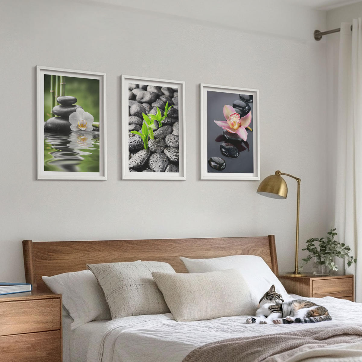 WANDBILDER 3er-Set - 40x60 cm Weißer Rahmen - Eine ruhige Zen-Komposition aus Blumen und Wasser - Weiß, Kunststoff (40/60cm) - ArtPrintCave