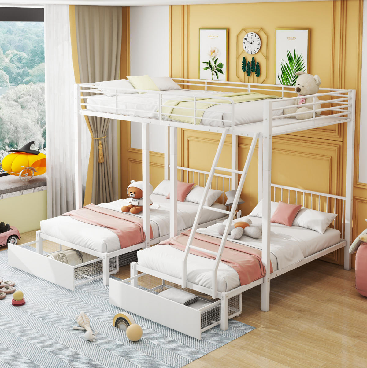 ETAGENBETT 140/200 und 2 x 90/200 cm aus Metall mit 2 Schubladen, teilbar in 3 Betten, Weiß - Weiß, Metall (140/200cm) - Redom