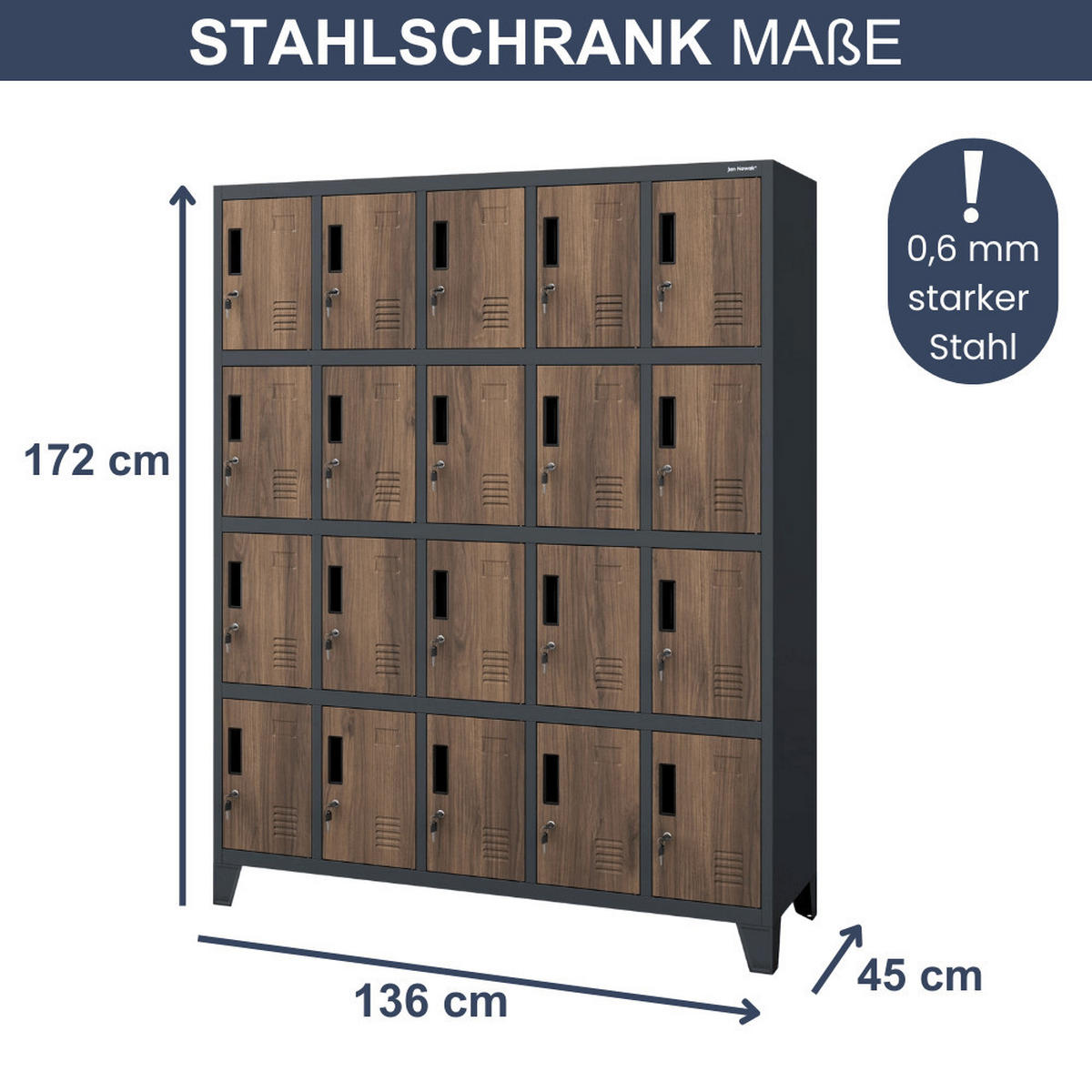 SCHLIESSFACHSCHRANK Spind TAMPA 20 Fächer172x136x45cm Anthrazit-Nussbaum - Anthrazit, Metall (136/172/45cm) - DELUKE