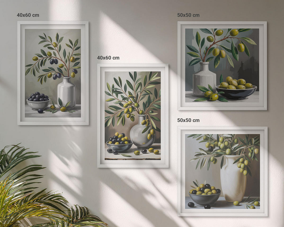 WANDBILDER 4er-Set - 50x50 cm & 40x60 cm Weißer Rahmen - Oliven in Keramikgrau - Weiß, Kunststoff (50/50cm) - ArtPrintCave