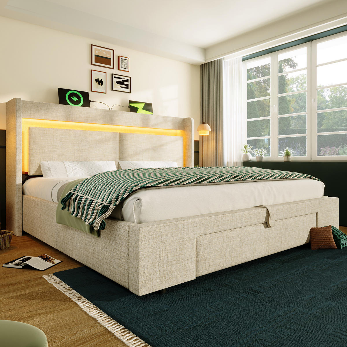 POLSTERBETT mit Stauraum, LED und USB 160x200 cm Leinen Beige inkl. Matratze - Beige, Metall (160/200cm) - Meubliv