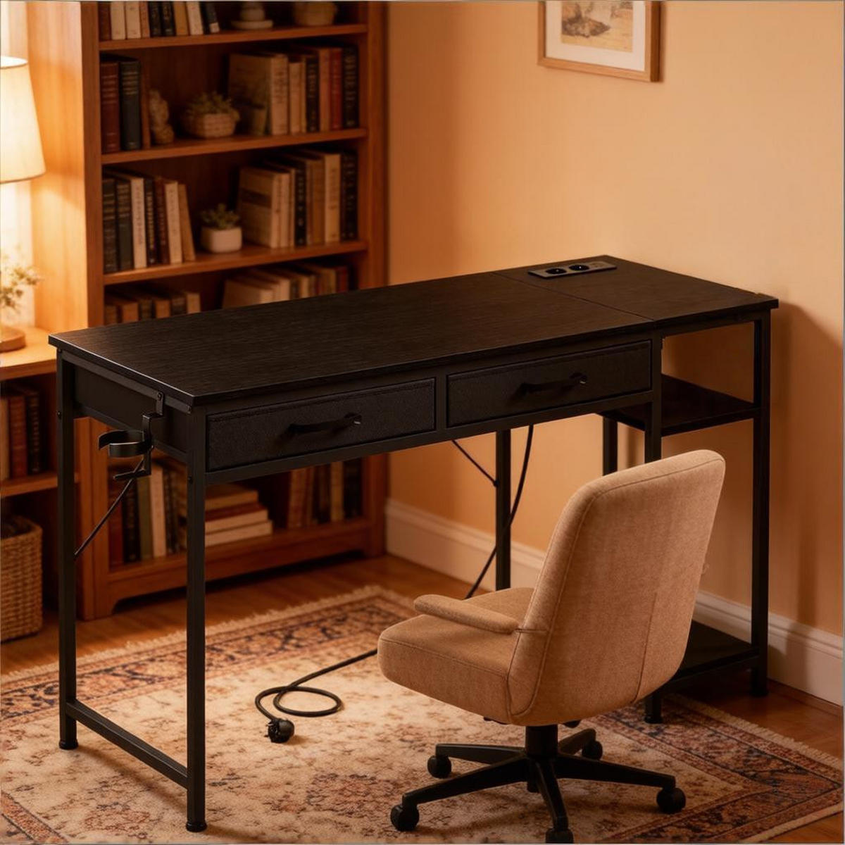 GAMINGTISCH Schwarz 120/51/75 cm mit Stromanschluss USB Typ-C und Stoffschubladen - Schwarz, Holzwerkstoff (51/120/75cm) - PANGIVO