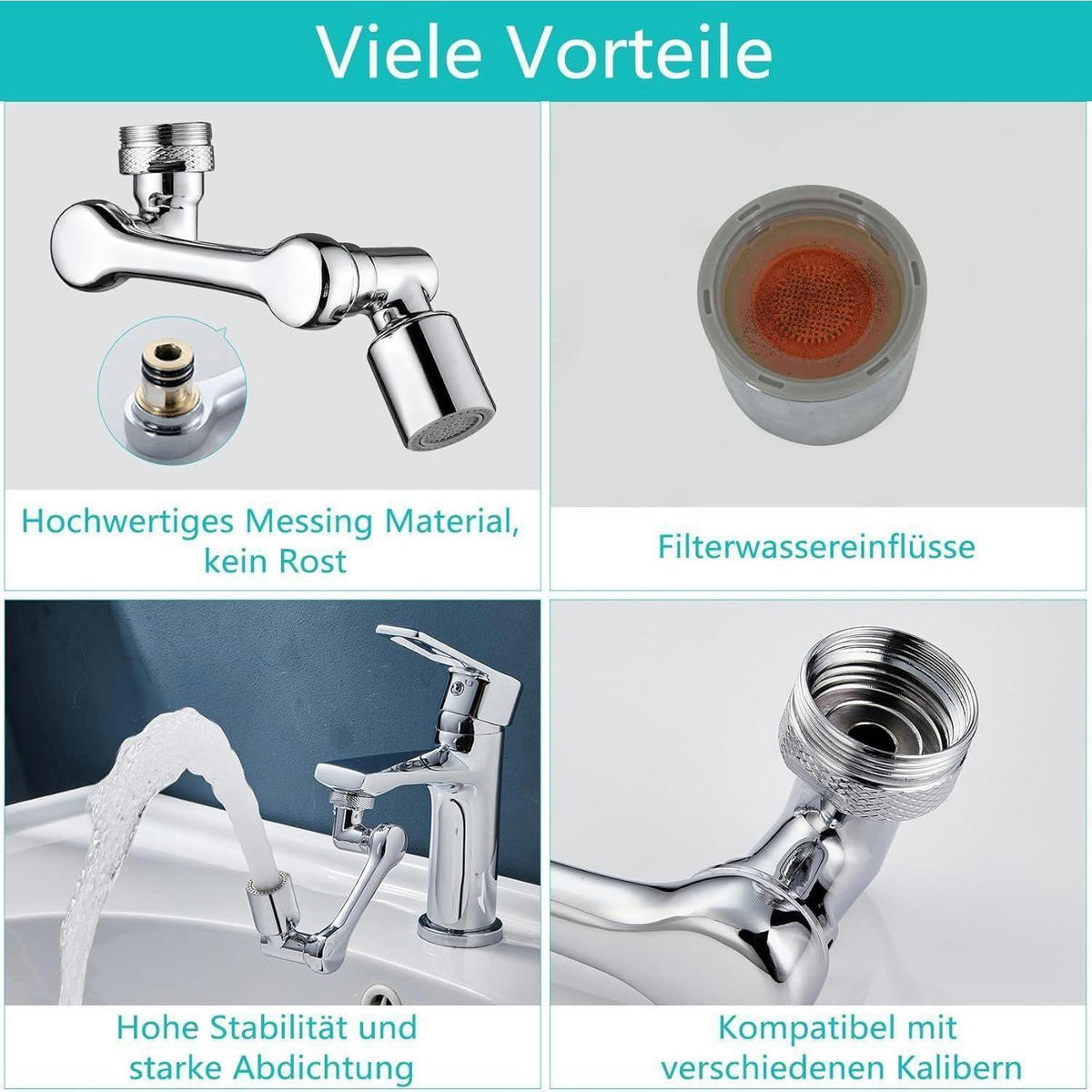 WASSERHAHN Verlängerung 1080 Grad drehbar mit 2 Wasserauslassmodi - Silberfarben, Metall (4/6/10cm)