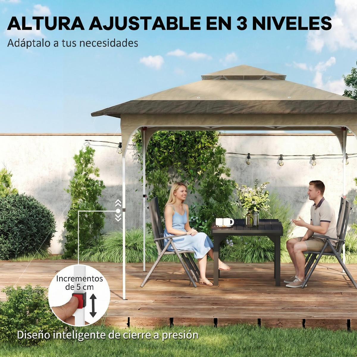 PAVILLON, faltbar mit 3 verstellbaren Höhenstufen, Doppeldach, 3,5 x 3,5 m, Khaki - Braun, Metall (352/278/352cm) - Vallsero