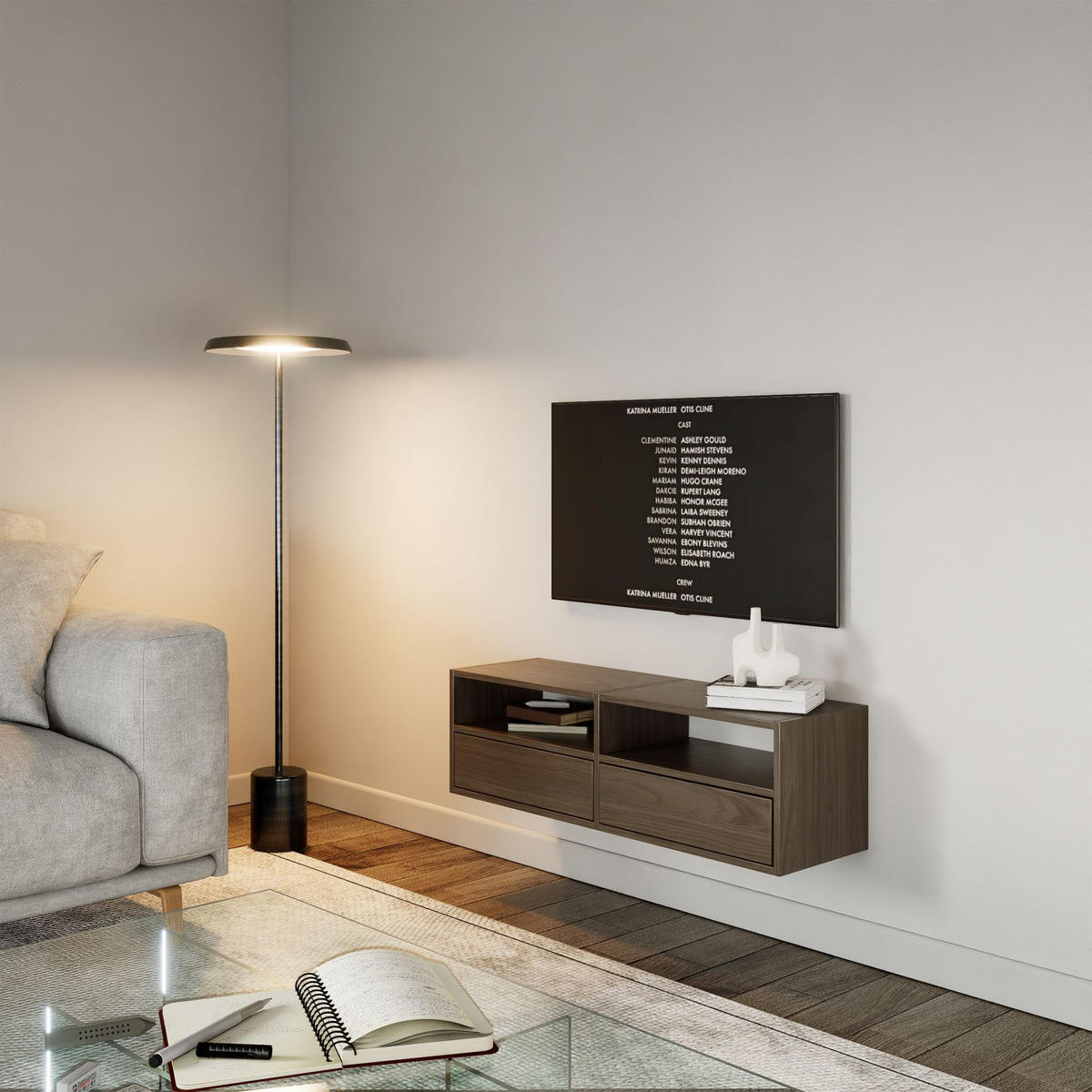 TV-LOWBOARD hängend, 2 Klappen und Ablagen, Walnuss, 100 cm - Dunkelbraun, Holzwerkstoff (100.6/30/30cm) - Selsey