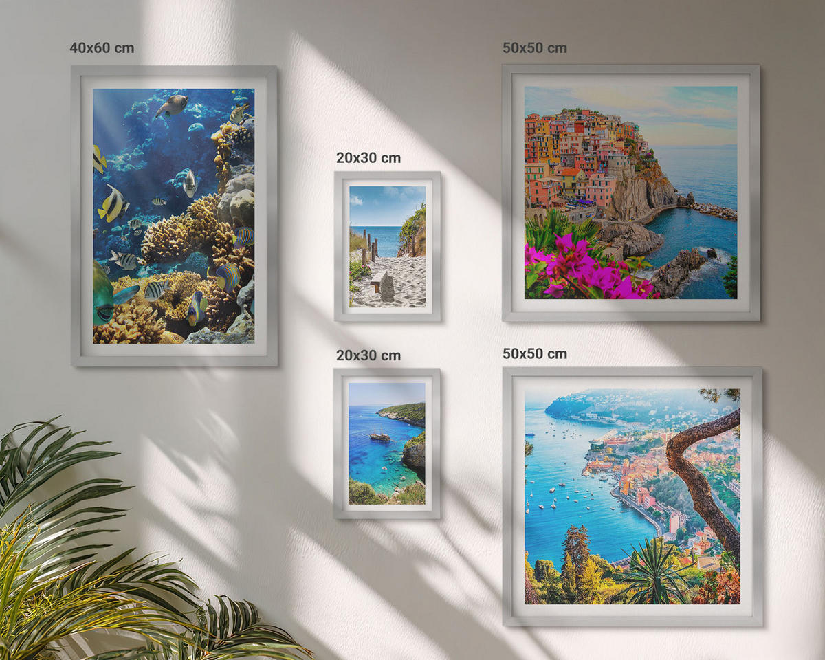 WANDBILDER 5er Set - 50x50 cm & 20x30 cm & 40x60 cm Silberner Rahmen - Berglandschaften im Hintergrund - Silberfarben, Kunststoff (40/60cm) - ArtPrintCave