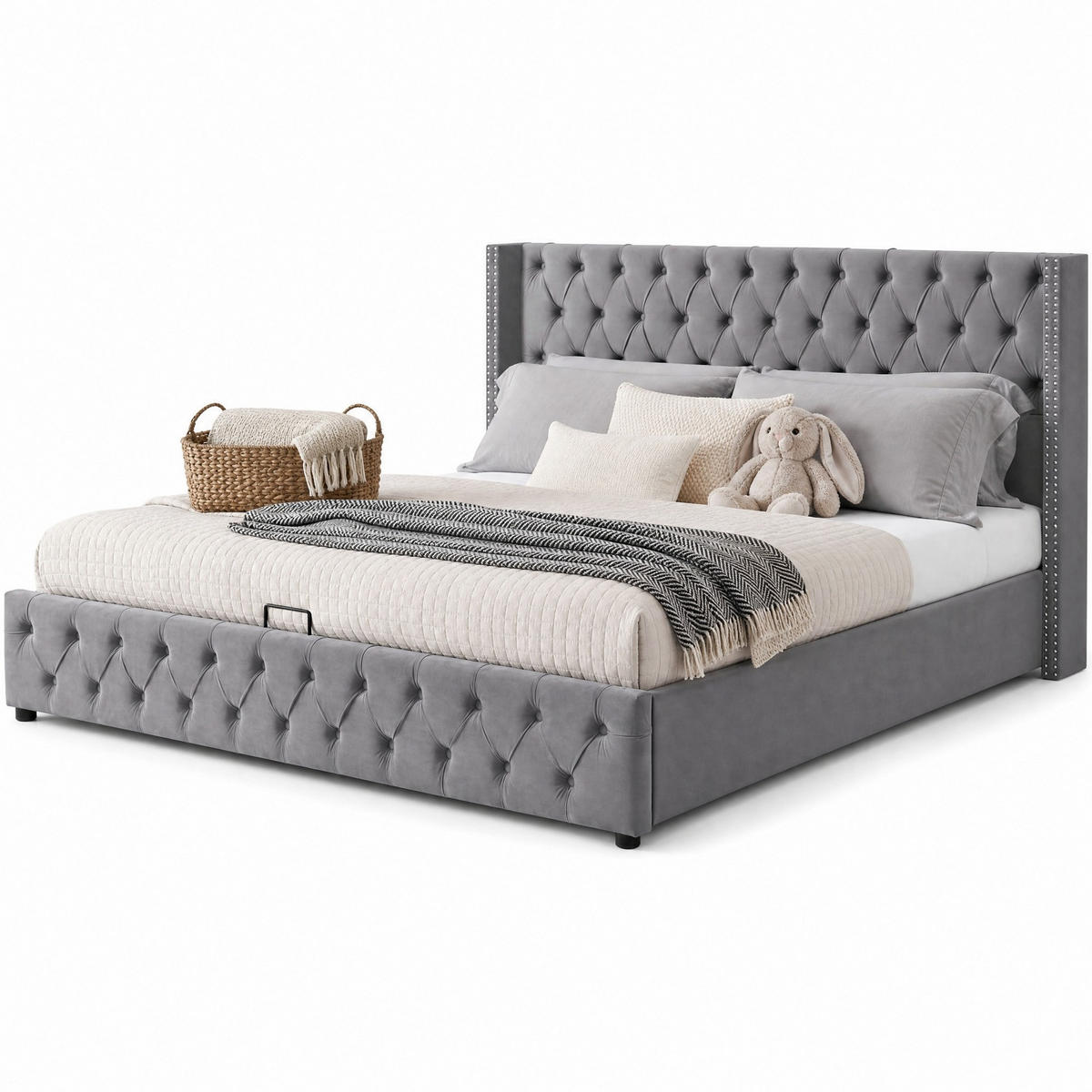 POLSTERBETT 140/190 cm in Grau Samt mit Bettkasten - Grau, Holzwerkstoff/Textil (140/190cm) - CHICFURN