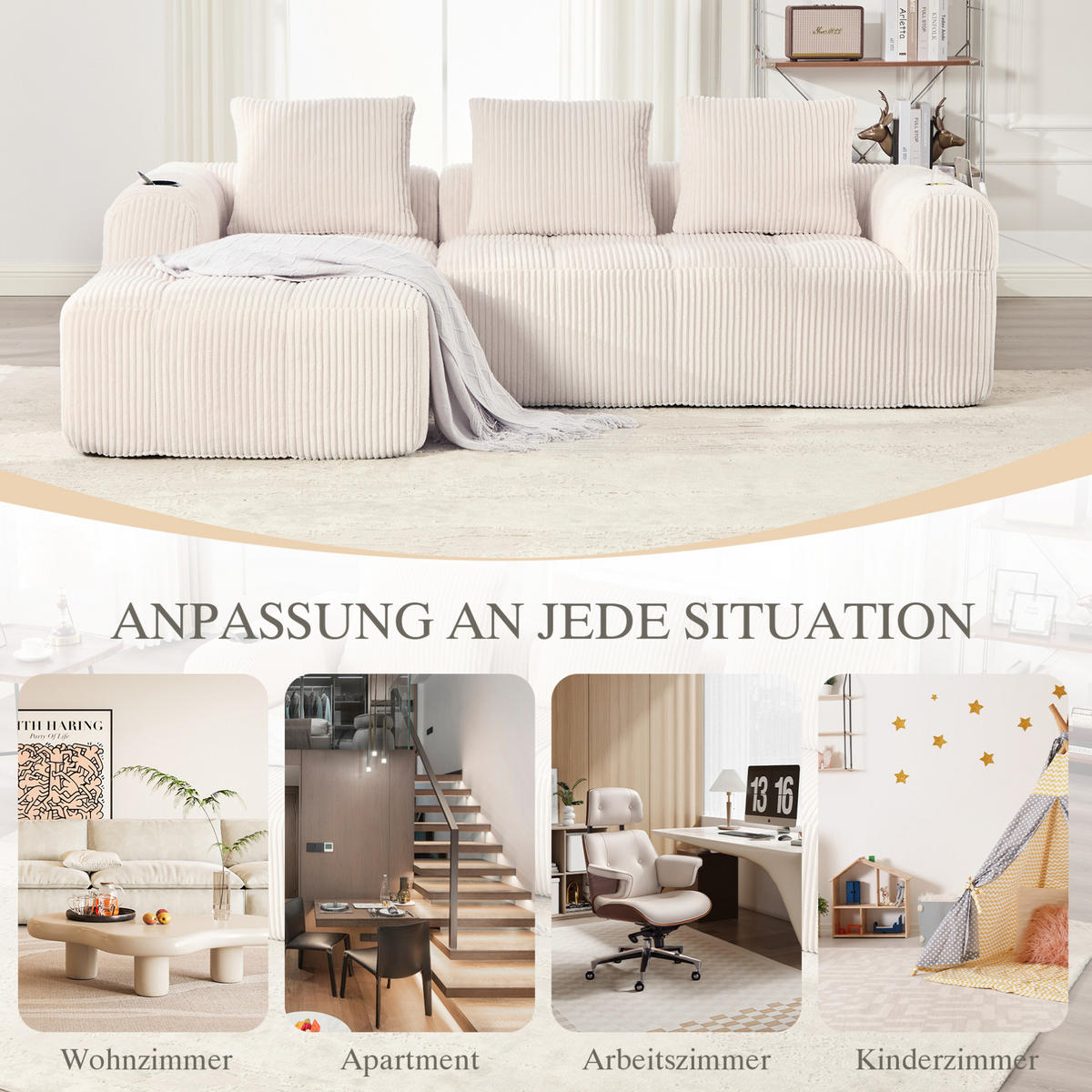 KOMPAKTSOFA Cord mit modularen Elementen und Becherhalter 253/158/61 cm Beige - Beige, Textil (158/253cm) - Redom