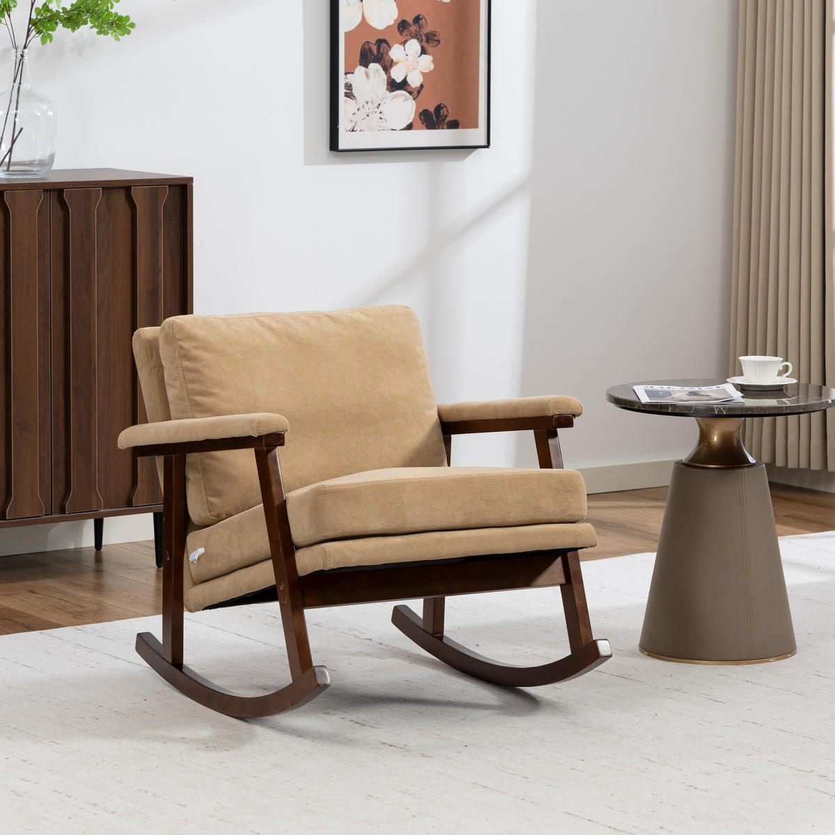 SCHAUKELSTUHL im Mid-Century-Stil mit Holzgestell und Polsterung für Wohnzimmer und Schlafzimmer - Hellbraun, Textil (83/80/73cm) - Kaket